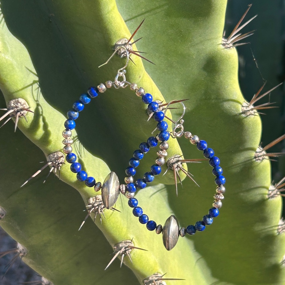 SOLD Navajo Handmade Sterling Silver Lapis Beaded Hoop Earrings